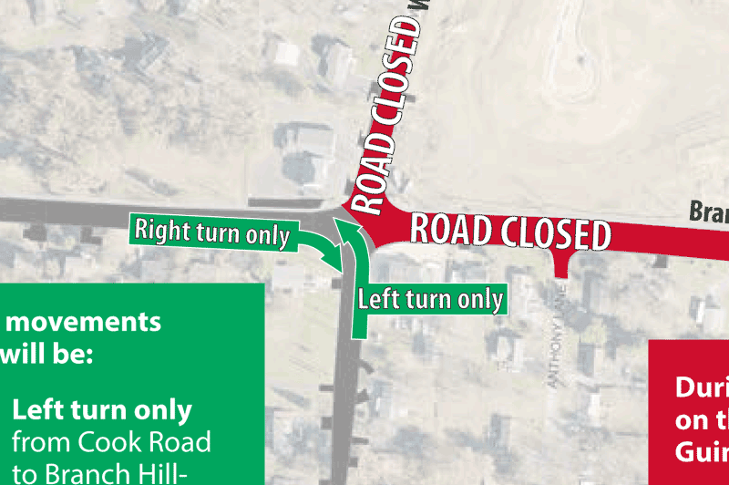 Current traffic pattern and detour will remain in place through Sept. 15 on Branch Hill-Guinea Pike