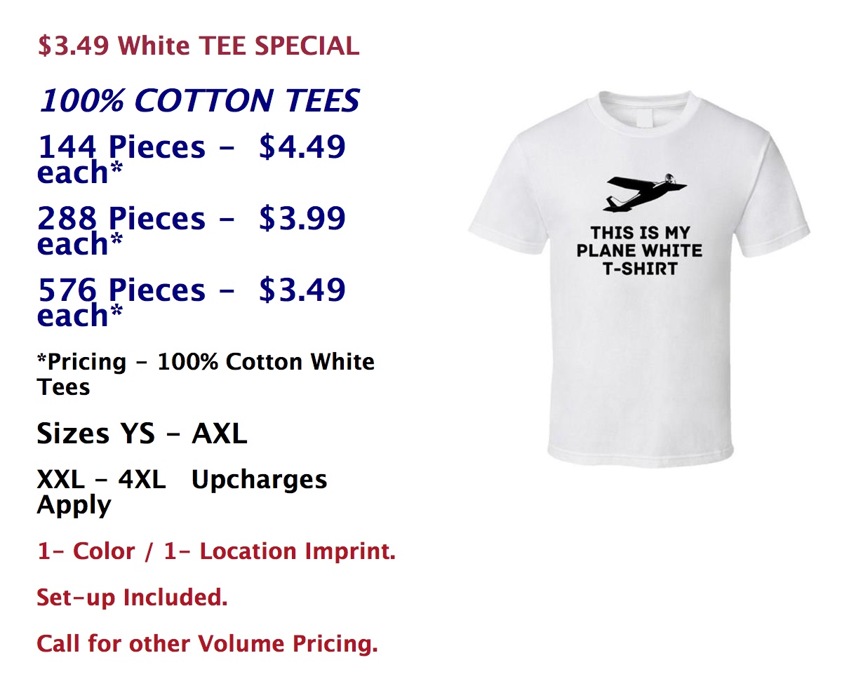 $3.49 White TEE  SPECIAL at Apex Specialties