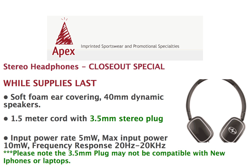 Apex Closeout on Stereo Headphones